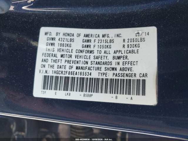 Продаж на аукціоні авто 2014 Honda Accord Ex-l, vin: 1HGCR2F86EA165534, номер лоту: 46286936
