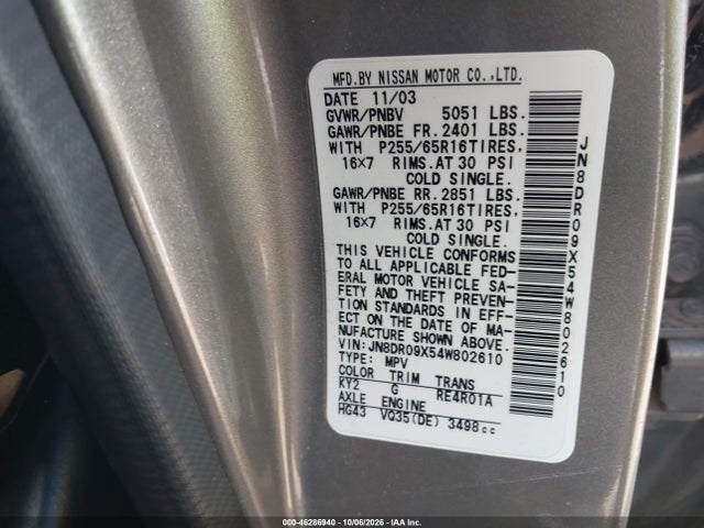 Aukcja sprzedaży 2004 Nissan Pathfinder Se, vin: JN8DR09X54W802610, numer aukcji: 46286940