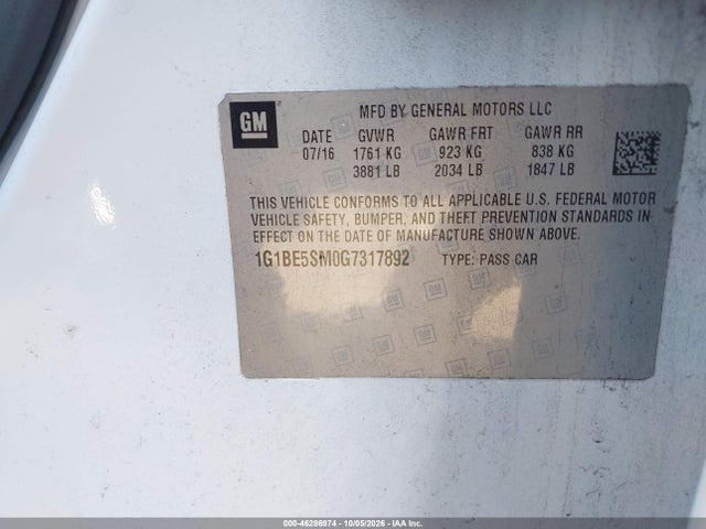 Продаж на аукціоні авто 2016 Chevrolet Cruze Lt Auto, vin: 1G1BE5SM0G7317892, номер лоту: 46286974