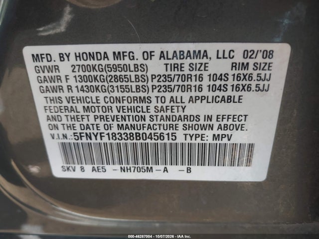 Продаж на аукціоні авто 2008 Honda Pilot Se, vin: 5FNYF18338B045615, номер лоту: 46287004