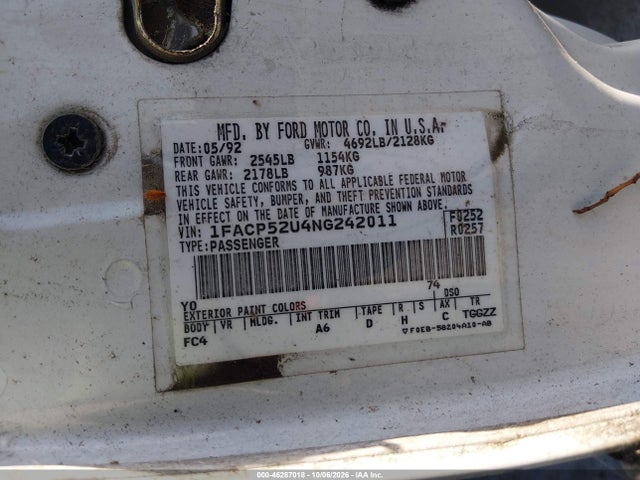 1992 Ford Taurus Gl მანქანა იყიდება აუქციონზე, vin: 1FACP52U4NG242011, აუქციონის ნომერი: 46287018