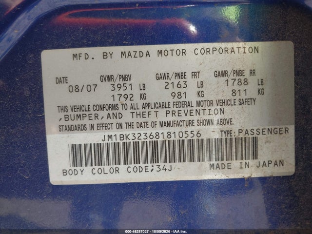 Продажа на аукционе авто 2008 Mazda Mazda3 S Sport, vin: JM1BK323681810556, номер лота: 46287027