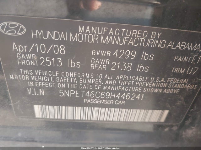 2009 Hyundai Sonata Gls მანქანა იყიდება აუქციონზე, vin: 5NPET46C69H446241, აუქციონის ნომერი: 46287032