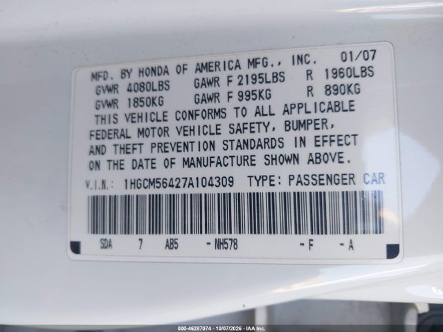 46287074 :رقم المزاد ، 1HGCM56427A104309 vin ، 2007 Honda Accord 2.4 Lx مزاد بيع