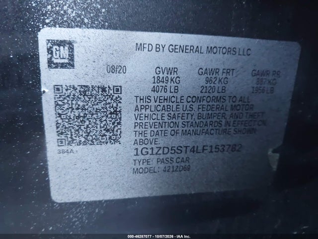 Aukcja sprzedaży 2020 Chevrolet Malibu Fwd Lt, vin: 1G1ZD5ST4LF153782, numer aukcji: 46287077