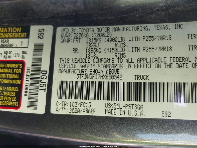 Aukcja sprzedaży 2017 Toyota Tundra Sr5 5.7l V8, vin: 5TFDW5F17HX650542, numer aukcji: 46287083