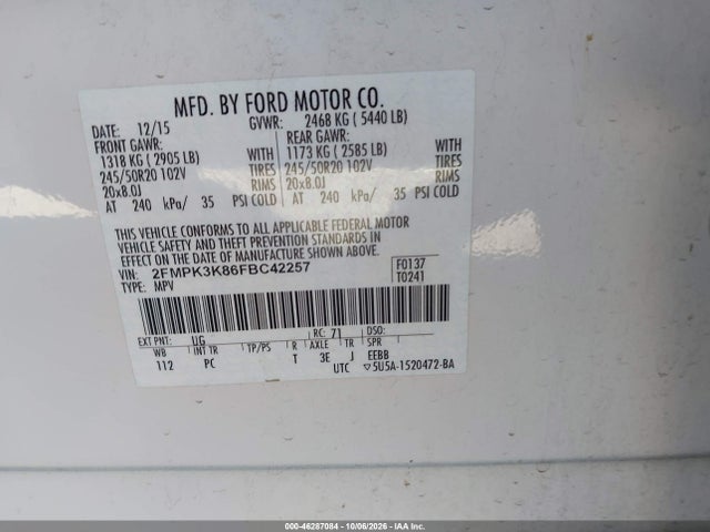 Продаж на аукціоні авто 2015 Ford Edge Titanium, vin: 2FMPK3K86FBC42257, номер лоту: 46287084