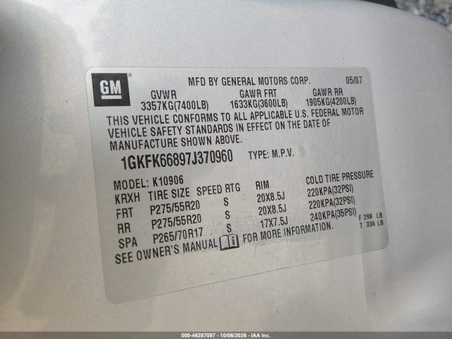 Продажа на аукционе авто 2007 Gmc Yukon Xl 1500 Denali, vin: 1GKFK66897J370960, номер лота: 46287097