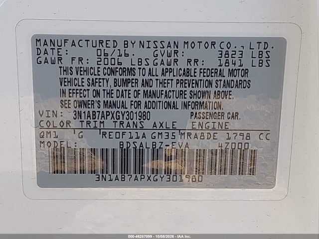 Продажа на аукционе авто 2016 Nissan Sentra S, vin: 3N1AB7APXGY301980, номер лота: 46287099