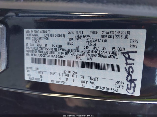 2015 Ford Escape Se მანქანა იყიდება აუქციონზე, vin: 1FMCU0G73FUA89807, აუქციონის ნომერი: 46287115