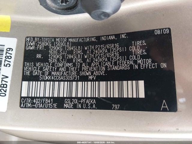 Продаж на аукціоні авто 2010 Toyota Sienna Ce, vin: 5TDKK4CC6AS309731, номер лоту: 46287141