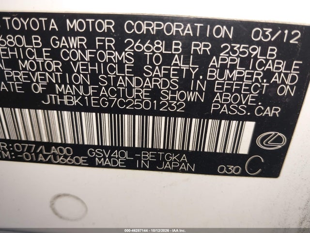 46287144 :رقم المزاد ، JTHBK1EG7C2501232 vin ، 2012 Lexus Es 350 مزاد بيع