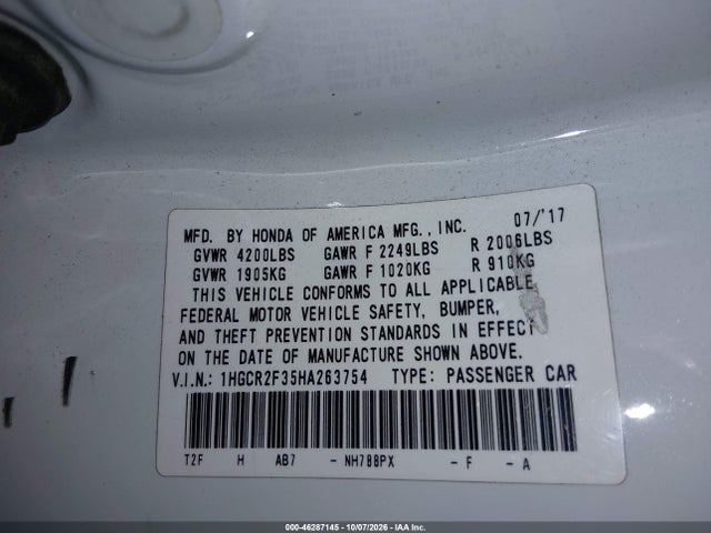 Honda ACCORD LX 2017 1HGCR2F35HA263754 Image 9
