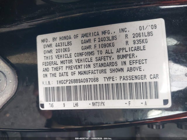 2009 Honda Accord 2.4 Ex-l მანქანა იყიდება აუქციონზე, vin: 1HGCP26889A097068, აუქციონის ნომერი: 46287147