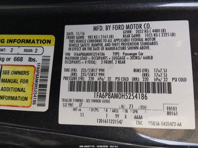Продаж на аукціоні авто 2017 Ford Mustang V6, vin: 1FA6P8AM0H5254186, номер лоту: 46287170