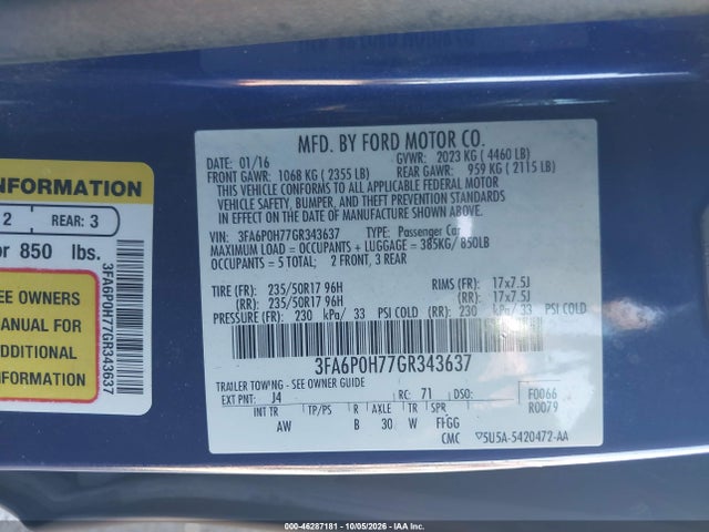 2016 Ford Fusion Se მანქანა იყიდება აუქციონზე, vin: 3FA6P0H77GR343637, აუქციონის ნომერი: 46287181