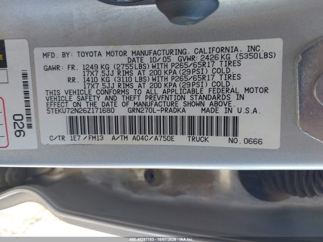 2006 Toyota Tacoma Prerunner V6 მანქანა იყიდება აუქციონზე, vin: 5TEKU72N26Z171680, აუქციონის ნომერი: 46287183