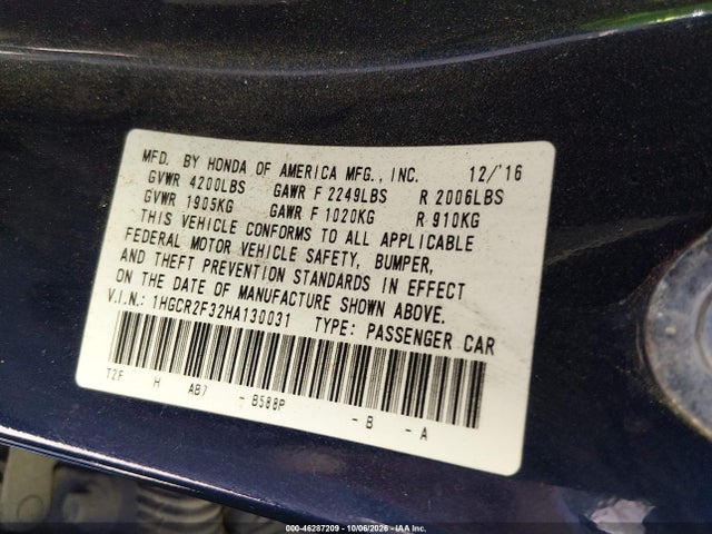 Aukcja sprzedaży 2017 Honda Accord Lx, vin: 1HGCR2F32HA130031, numer aukcji: 46287209