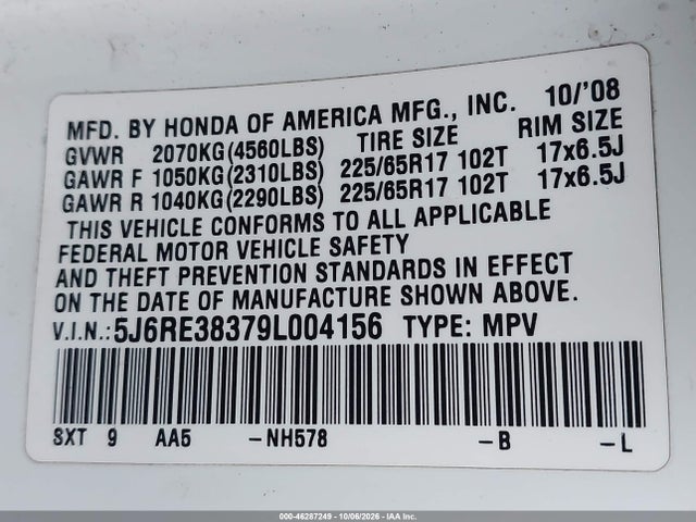 2009 Honda Cr-v Lx მანქანა იყიდება აუქციონზე, vin: 5J6RE38379L004156, აუქციონის ნომერი: 46287249