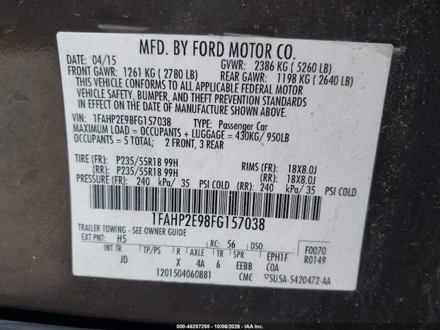 Ford TAURUS SEL 2015 1FAHP2E98FG157038 Image 9