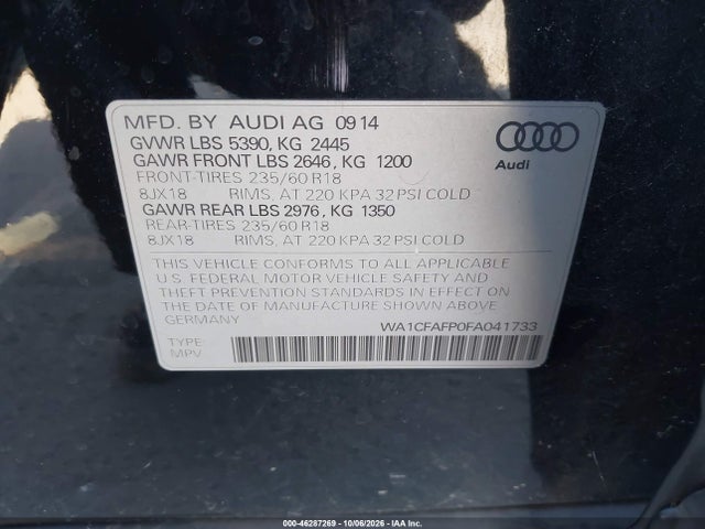 2015 Audi Q5 2.0t Premium მანქანა იყიდება აუქციონზე, vin: WA1CFAFP0FA041733, აუქციონის ნომერი: 46287269