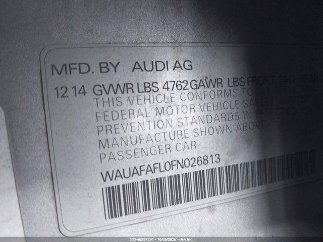 46287291 :رقم المزاد ، WAUAFAFL0FN026813 vin ، 2015 Audi A4 2.0t Premium مزاد بيع