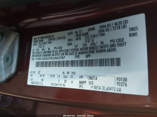 46287304 :رقم المزاد ، 1FMCU0GX7EUA03767 vin ، 2014 Ford Escape Se مزاد بيع