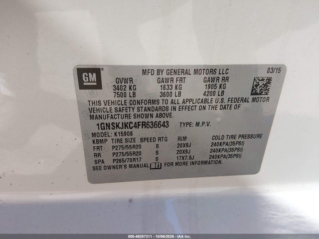Aukcja sprzedaży 2015 Chevrolet Suburban Lt, vin: 1GNSKJKC4FR636643, numer aukcji: 46287311