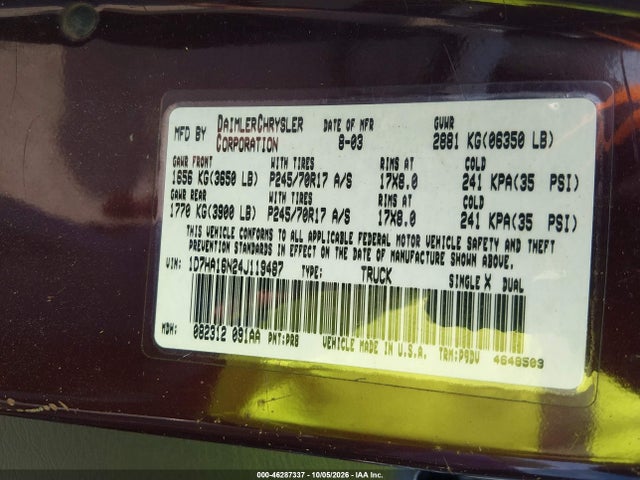 Продажа на аукционе авто 2004 Dodge Ram 1500 St, vin: 1D7HA16N24J119487, номер лота: 46287337