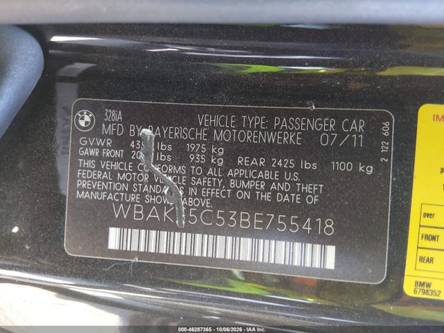 Продаж на аукціоні авто 2011 Bmw 328i, vin: WBAKE5C53BE755418, номер лоту: 46287365