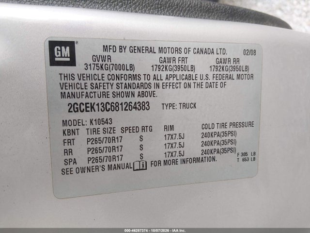 Aukcja sprzedaży 2008 Chevrolet Silverado 1500 Ls, vin: 2GCEK13C681264383, numer aukcji: 46287374