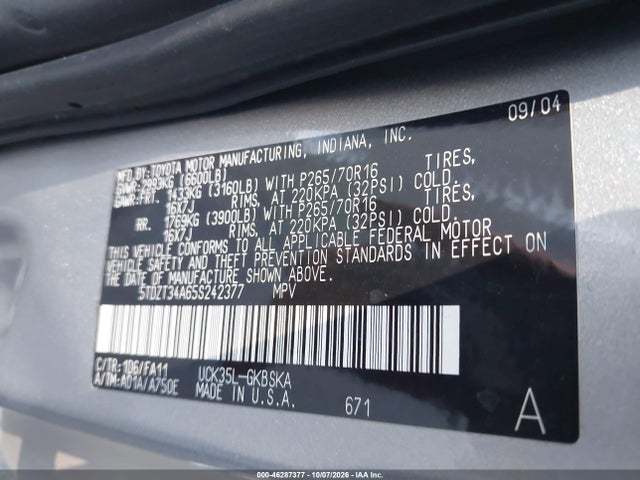 46287377 :رقم المزاد ، 5TDZT34A65S242377 vin ، 2005 Toyota Sequoia Sr5 V8 مزاد بيع