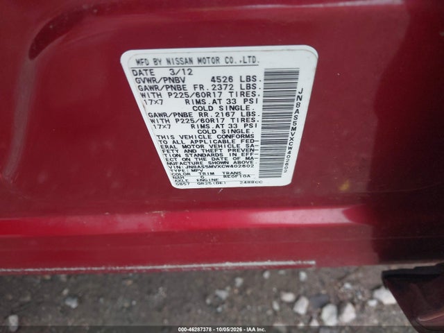 Продаж на аукціоні авто 2012 Nissan Rogue Sv, vin: JN8AS5MVXCW402602, номер лоту: 46287378