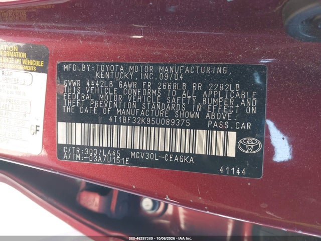 2005 Toyota Camry Xle V6 მანქანა იყიდება აუქციონზე, vin: 4T1BF32K95U089375, აუქციონის ნომერი: 46287389