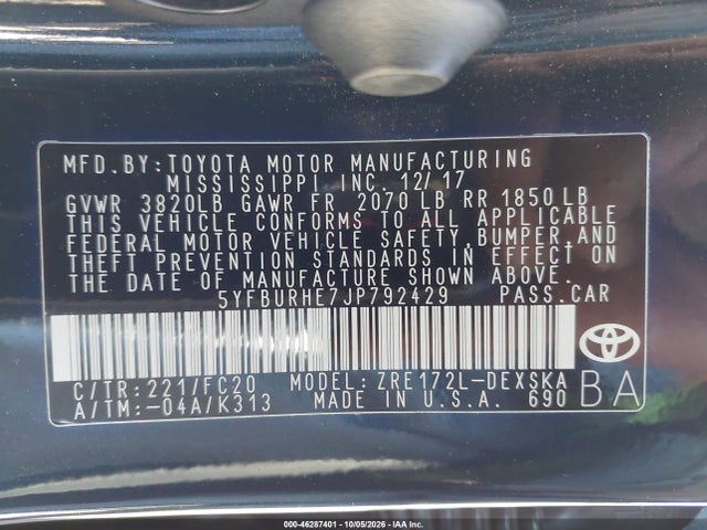 Toyota COROLLA SE 2018 5YFBURHE7JP792429 Image 9