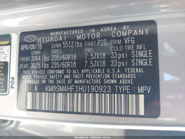 Auction sale of the 2017 Hyundai Santa Fe Se, vin: KM8SM4HF1HU190923, lot number: 46287416