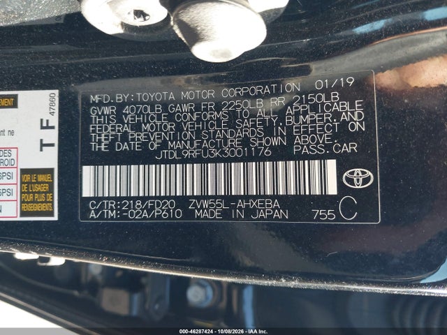2019 Toyota Prius Le მანქანა იყიდება აუქციონზე, vin: JTDL9RFU3K3001176, აუქციონის ნომერი: 46287424