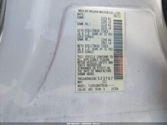 2011 Nissan Xterra X მანქანა იყიდება აუქციონზე, vin: 5N1AN0NU1BC523767, აუქციონის ნომერი: 46287441