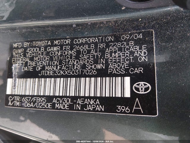 2005 Toyota Camry Le მანქანა იყიდება აუქციონზე, vin: JTDBE32KX50317026, აუქციონის ნომერი: 46287444
