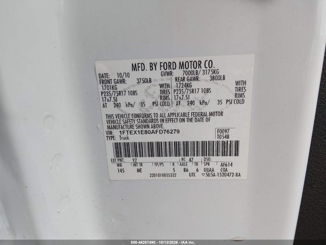Aukcja sprzedaży 2010 Ford F-150 Stx/xl/xlt, vin: 1FTEX1E80AFD76279, numer aukcji: 46287490