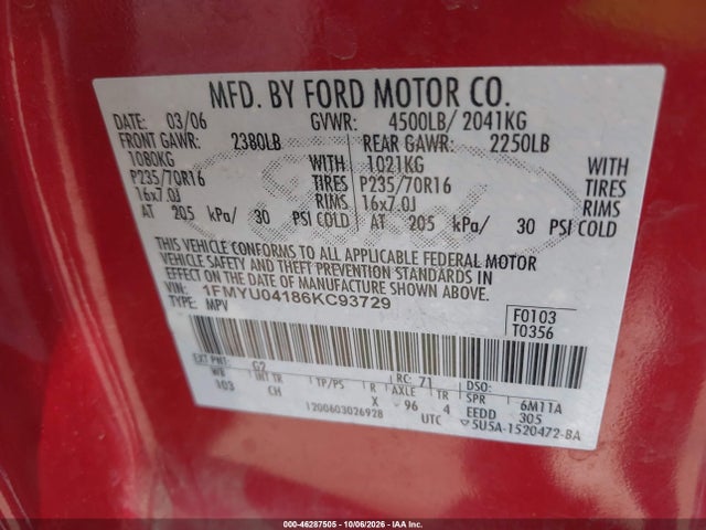 46287505 :رقم المزاد ، 1FMYU04186KC93729 vin ، 2006 Ford Escape Limited مزاد بيع
