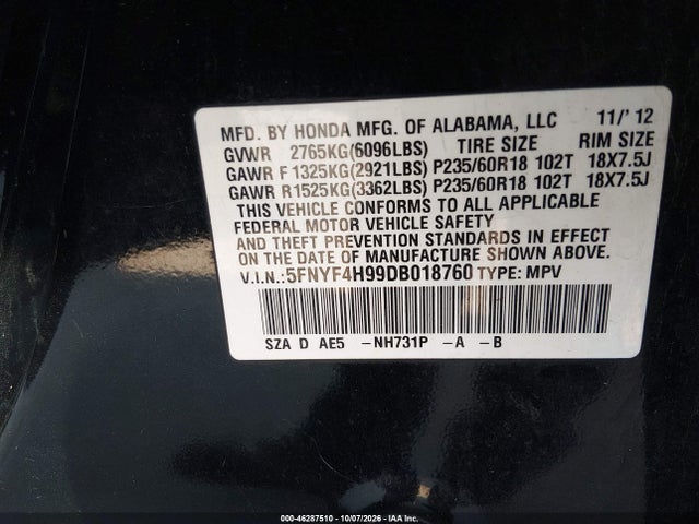 Продажа на аукционе авто 2013 Honda Pilot Touring, vin: 5FNYF4H99DB018760, номер лота: 46287510