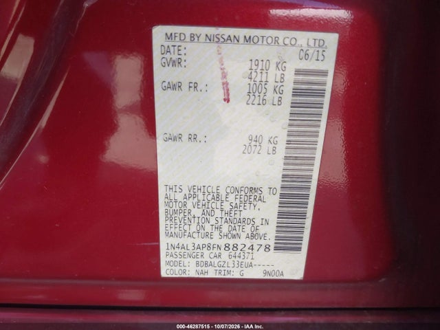 Продажа на аукционе авто 2015 Nissan Altima 2.5/2.5 S/2.5 Sl/2.5 Sv, vin: 1N4AL3AP8FN882478, номер лота: 46287515