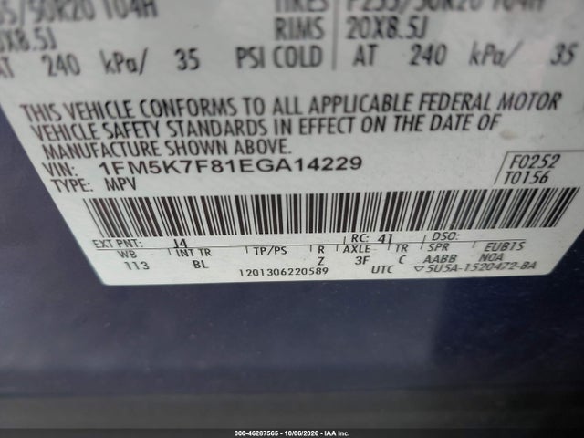 46287565 :رقم المزاد ، 1FM5K7F81EGA14229 vin ، 2014 Ford Explorer Limited مزاد بيع