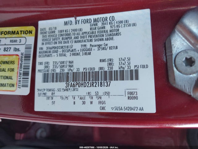 46287568 :رقم المزاد ، 3FA6P0HD2JR218137 vin ، 2018 Ford Fusion Se مزاد بيع