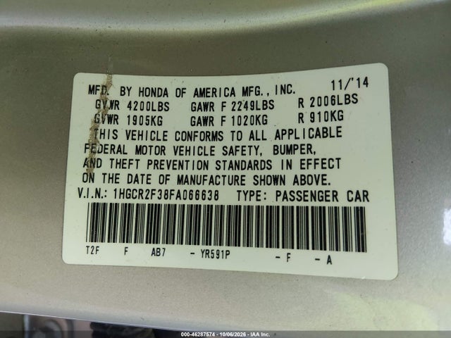 1HGCR2F38FA066638 Honda ACCORD LX