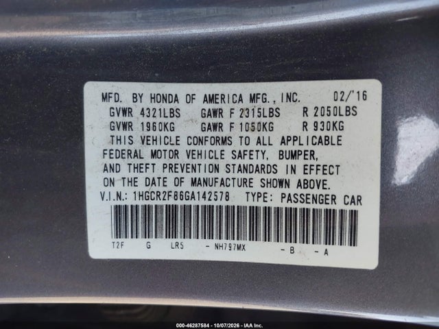 2016 Honda Accord Ex-l მანქანა იყიდება აუქციონზე, vin: 1HGCR2F86GA142578, აუქციონის ნომერი: 46287584