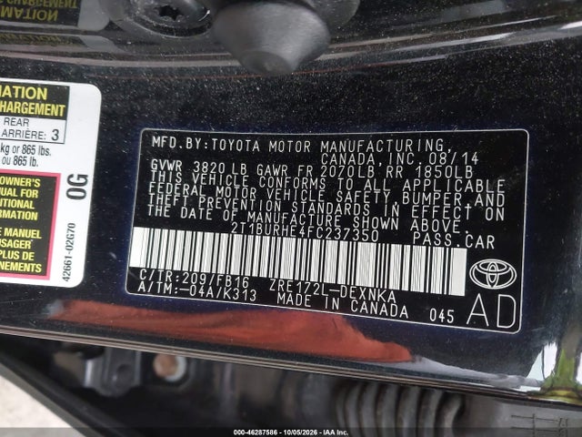46287586 :رقم المزاد ، 2T1BURHE4FC237350 vin ، 2015 Toyota Corolla Le مزاد بيع