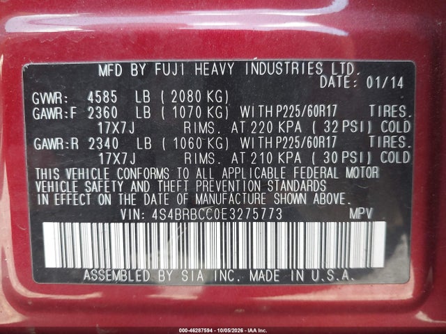 Aukcja sprzedaży 2014 Subaru Outback 2.5i Premium, vin: 4S4BRBCC0E3275773, numer aukcji: 46287594