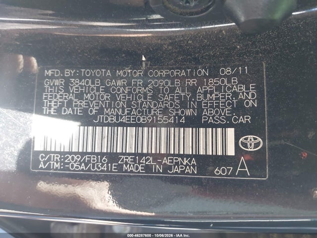 Aukcja sprzedaży 2011 Toyota Corolla Le, vin: JTDBU4EE0B9155414, numer aukcji: 46287600